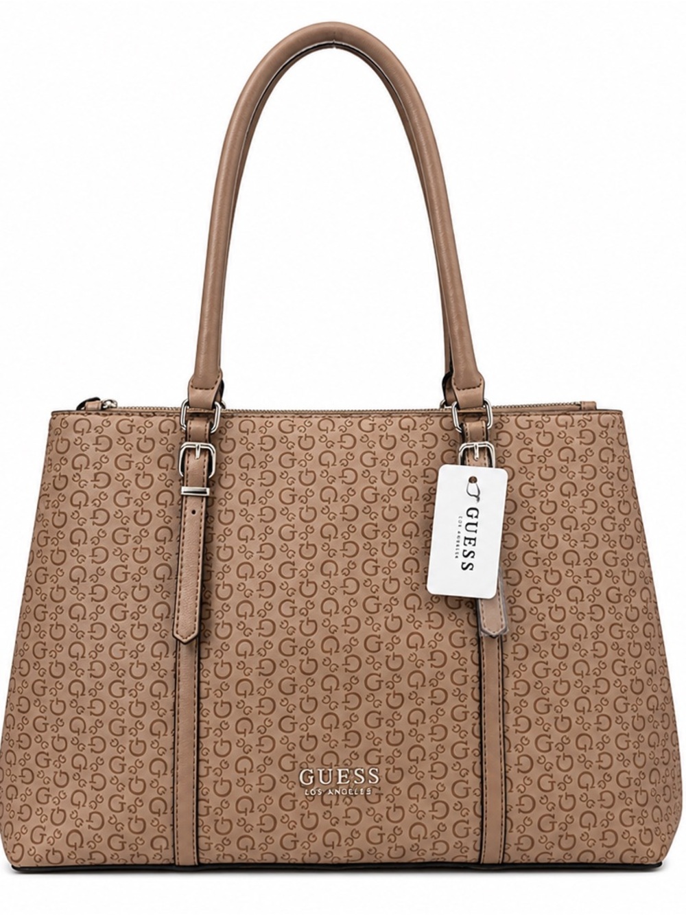 GUESS Tan Signature Logo Tote with Double Handles